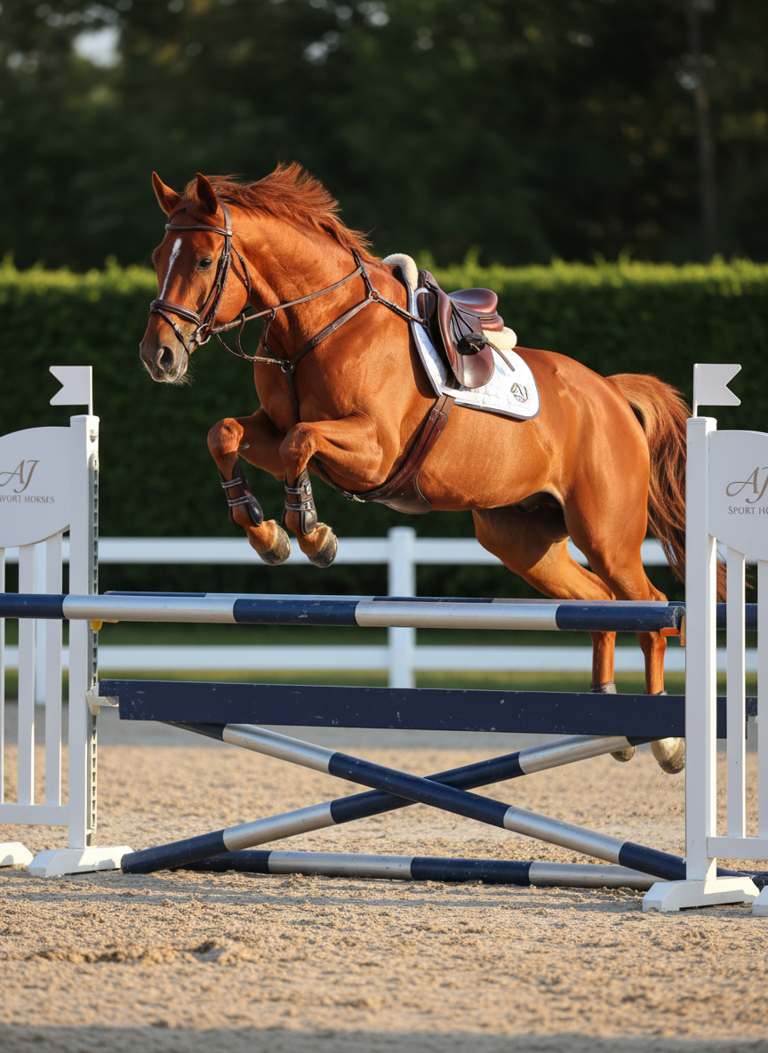 An elegant chestnut sport horse captured mid-air in a powerful bascule over a modern show-jump oxer, tack immaculate and muscles clearly defined beneath its coppery, sunlit coat. The horse’s knees are tucked tightly, front legs perfectly aligned, tail arcing gracefully behind. The jump features white standards with understated metallic AJ Sport Horses branding and sleek navy-and-silver poles. Below, the sand footing shows a faint takeoff mark, while the background fades into a soft bokeh of green hedges and white railings. Shot in photographic realism from a low, three-quarter angle, the golden hour light casts dramatic highlights and crisp shadows, amplifying the athleticism and elegance. The composition is dynamic and energetic, capturing the decisive moment that embodies champion performance and precision.