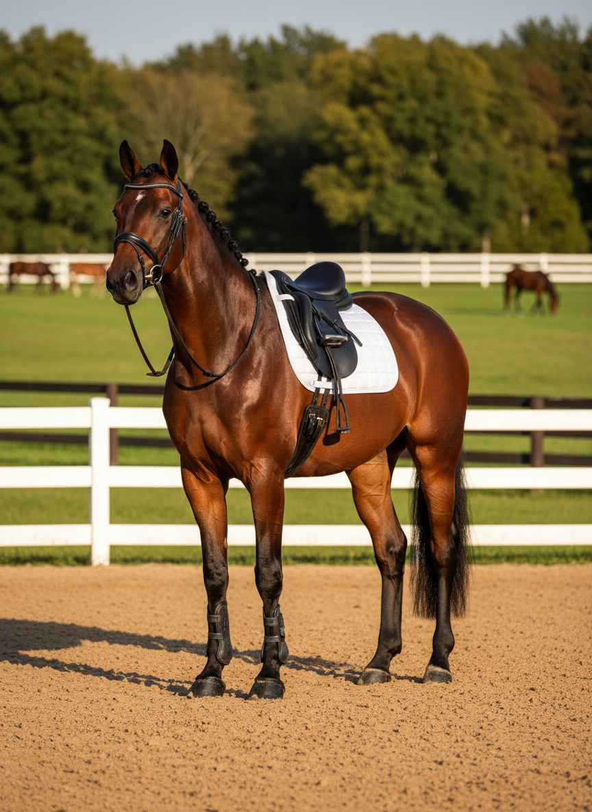 A powerful bay sport horse standing square in a manicured outdoor arena, its coat a deep, glossy mahogany with finely braided black mane and neatly trimmed tail. The horse wears a pristine white saddle pad and elegant black jumping tack, all impeccably fitted. Behind it, perfect white arena rails frame emerald green grass paddocks and a distant line of trees. Soft late-afternoon sunlight creates a golden rim along the horse’s topline, highlighting toned muscles and casting a crisp shadow in the raked footing. Photographic realism at eye level, centered composition with shallow depth of field, the background gently blurred to emphasize the athletic horse as a poised, championship-caliber athlete. The atmosphere is professional, aspirational, and quietly confident.