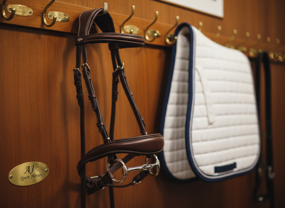 A close-up, photographic-realism detail of a dark leather competition bridle hanging neatly on a smooth wooden tack room wall, every stitch immaculate and the bit freshly polished to a bright silver sheen. The supple leather has a rich, deep brown tone with subtle burnishing at the edges, and the padded noseband hints at comfort and performance. Behind it, the orderly tack room suggests professionalism: labeled brass bridle hooks, a section of white-and-navy saddle pad folded to perfection, and a discrete AJ Sport Horses brass nameplate catching the light. Soft, warm indoor lighting from an overhead fixture creates delicate highlights on metal fittings and gentle shadows along the wall. Shot at eye level with shallow depth of field, the mood is meticulous, luxurious, and quietly confident, emphasizing care and quality.