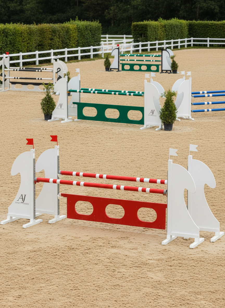 A gleaming show-jumping arena under bright but slightly diffused daylight, featuring a meticulously set course of colorful, high-end jumps. In the foreground, a signature oxer with red and white rails, pristine standards, and polished cups rises from perfectly groomed sand footing, each hoofprint neatly raked away. Farther back, related distances, combinations, and rollbacks are suggested through crisp, aligned jumps in blue, green, and metallic accents, all branded subtly with a stylized AJ Sport Horses logo on the wings. Photographic realism with a slightly elevated angle shows the whole arena framed by lush green hedges and sleek white fencing. Clean, professional mood with sharp focus throughout, conveying elite competition readiness and precision course design in a championship-level environment.