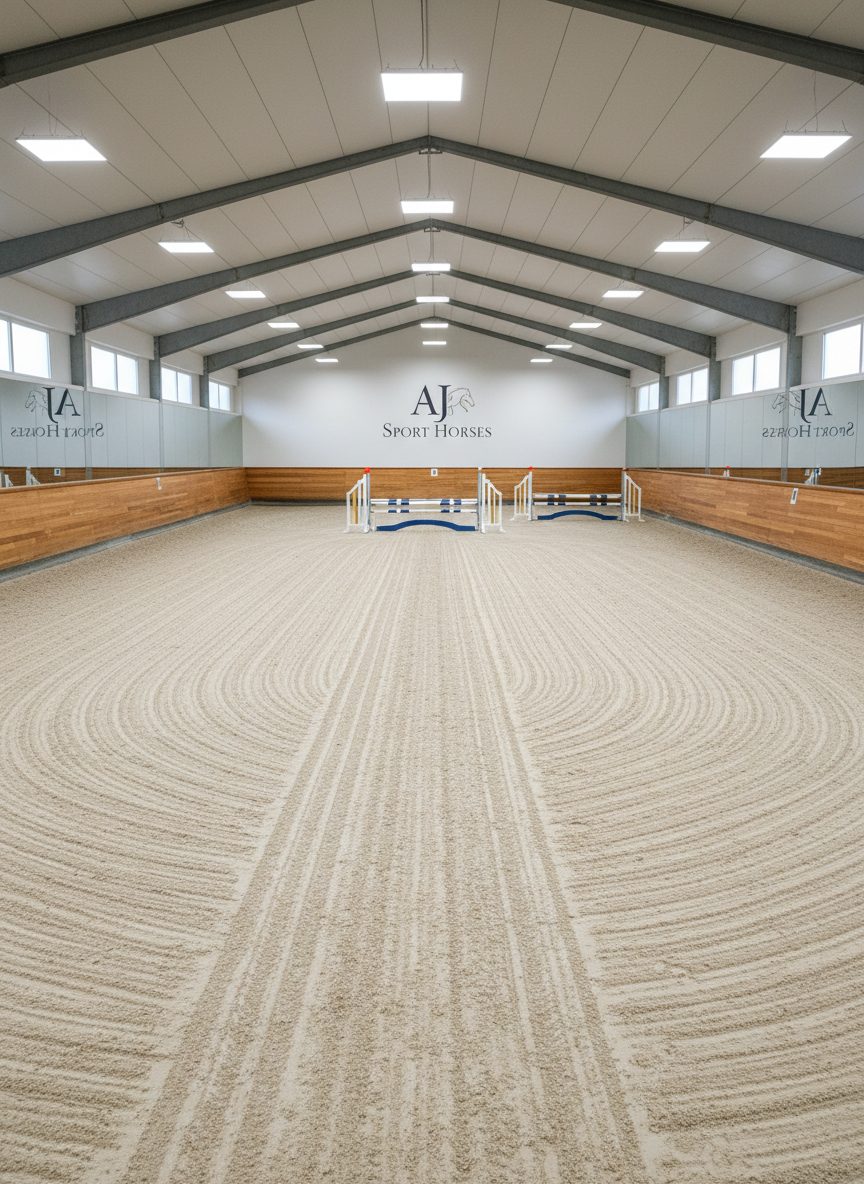 A refined indoor riding arena dedicated to high-performance sport horses, with warm, honey-toned wooden kickboards, pristine beige footing groomed into precise lines, and minimal, tasteful branding. At the far end, a large AJ Sport Horses logo appears discreetly on a clean white wall above an inviting line of three progressive training fences. Overhead, evenly spaced LED lights cast bright yet soft illumination, eliminating harsh shadows and giving a neutral, professional tone to the space. Photographic realism from a wide, slightly elevated angle captures the arena’s perfect symmetry and generous dimensions, with subtle reflections visible on the glass of high side windows. The atmosphere feels focused, disciplined, and world-class, an environment built for meticulous preparation of championship sport horses.