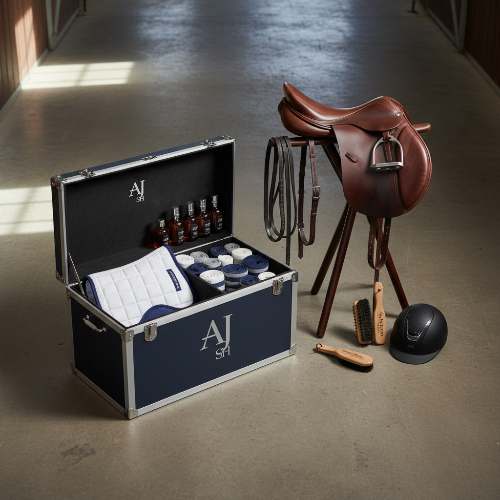 A precise, photographic-realism overhead view of a meticulously organized show trunk and saddle stand setup branded for AJ Sport Horses, arranged on clean, brushed concrete in a barn aisle. The trunk’s navy exterior with subtle silver trim and a refined logo is open to reveal perfectly folded white saddle pads, gleaming leather care products, and carefully rolled polo wraps in coordinated colors. Beside it, a competition saddle rests on a streamlined stand, its rich brown leather oiled to a soft sheen. Neatly coiled reins, labeled grooming brushes, and a polished helmet (without visible branding) complete the composition. Soft, indirect indoor light from the aisle windows creates gentle, natural shadows. The mood is ultra-professional, organized, and quietly elite, emphasizing preparation and attention to detail for top-level sport horses.