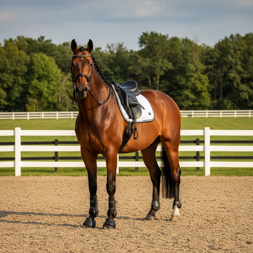 A powerful bay sport horse standing square in a manicured outdoor arena, its coat a deep, glossy mahogany with finely braided black mane and neatly trimmed tail. The horse wears a pristine white saddle pad and elegant black jumping tack, all impeccably fitted. Behind it, perfect white arena rails frame emerald green grass paddocks and a distant line of trees. Soft late-afternoon sunlight creates a golden rim along the horse’s topline, highlighting toned muscles and casting a crisp shadow in the raked footing. Photographic realism at eye level, centered composition with shallow depth of field, the background gently blurred to emphasize the athletic horse as a poised, championship-caliber athlete. The atmosphere is professional, aspirational, and quietly confident.