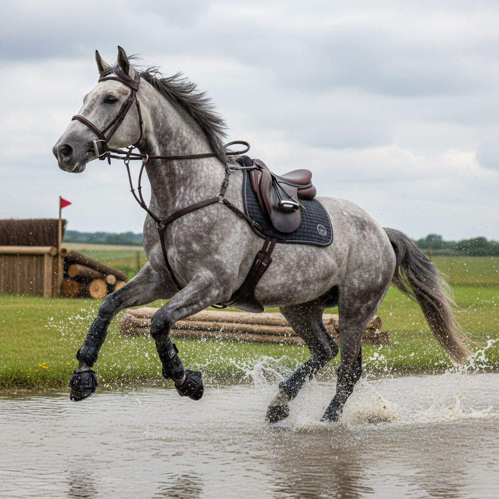 A dramatic, photographic-realism scene of a powerful grey sport horse cantering through a water complex in a cross-country field, water splashing in crystal-clear arcs around its strong, dappled legs. The horse wears streamlined eventing tack and protective boots, each droplet of water clinging to leather and neoprene in precise detail. Behind, solid cross-country obstacles in natural wood tones dot a gently rolling, lush green landscape under a slightly overcast sky that diffuses the light into a cool, even glow. Captured from a low, side angle with a fast shutter feel, the image freezes the water drops and flying turf, while the distant background softens. The mood is bold, adventurous, and disciplined, showcasing versatility and courage at a championship level.